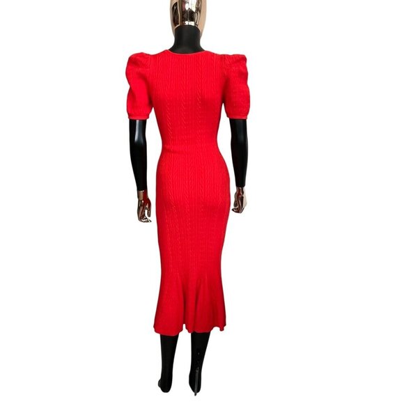 Ronny Kobo Red Knit Midi Dress Puff Sleeve Square Neck Stretch Bodycon Designer - Picture 3 of 11